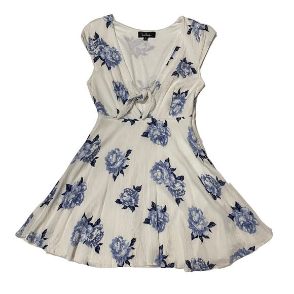 Lulu's Venetia Blue and White Floral Print Tie-Front Skater Dress - Medium - Picture 1 of 15